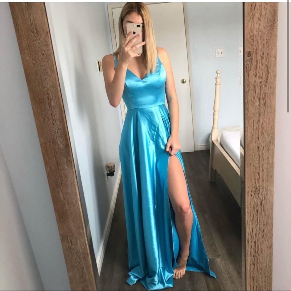 Satin V-Neck Blue Evening Gown with Thigh Slit